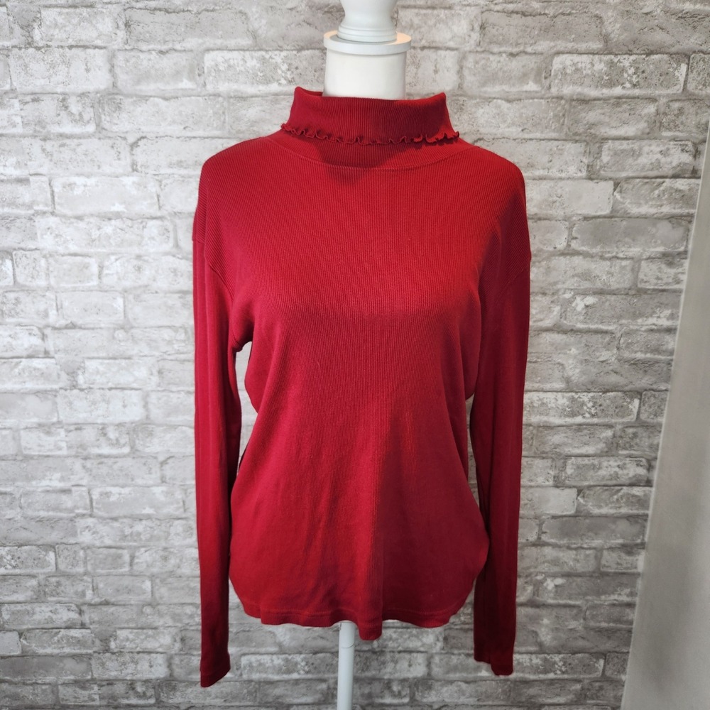 J. Jill Top Red Ruffle Lettuce Edge Mock Neck Ribbed‎ Cotton Classic Medium